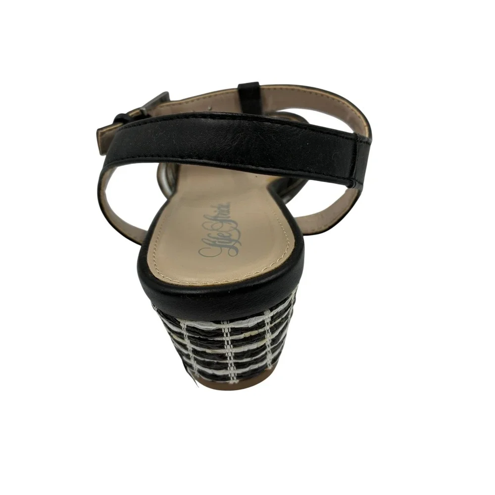 Life Stride Wedge Heel Sandals Ankle Strap Black Feather ‎ 8.5